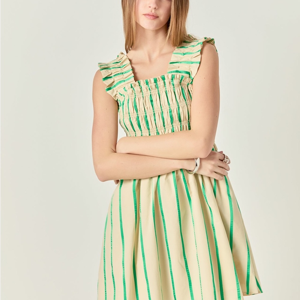 English Factory Green and Cream Striped Mini Dress